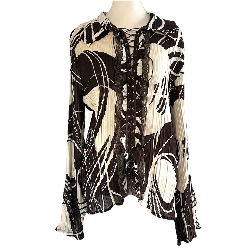 VTG Jennifer Lloyd Y2K Brown White Pleated Lace-Up Lace Detail Blouse sz 1X